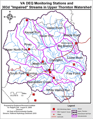VA DEQ stations and Impaired Streams in Upper Thornton River Watershed